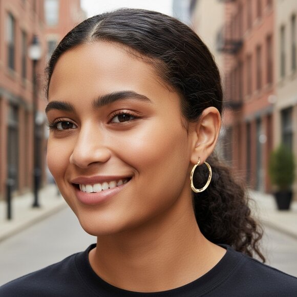 GOLD TONE Polished Hoop Earrings 1.50" Hoops 42mm Hip Hop Luxe Y2K - Picture 12 of 12